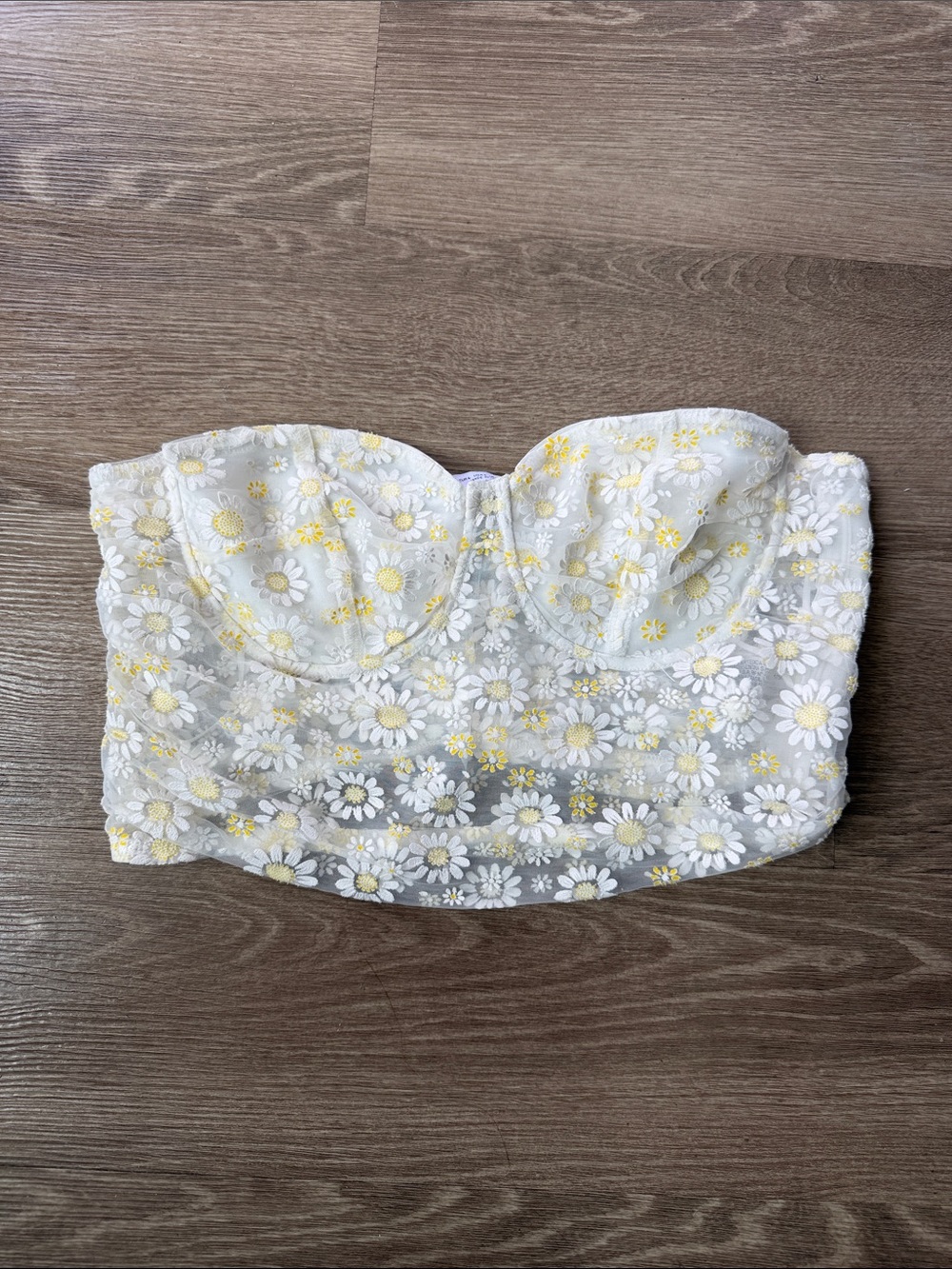 Zara White and Yellow Daisy Lace Strapless Crop Top